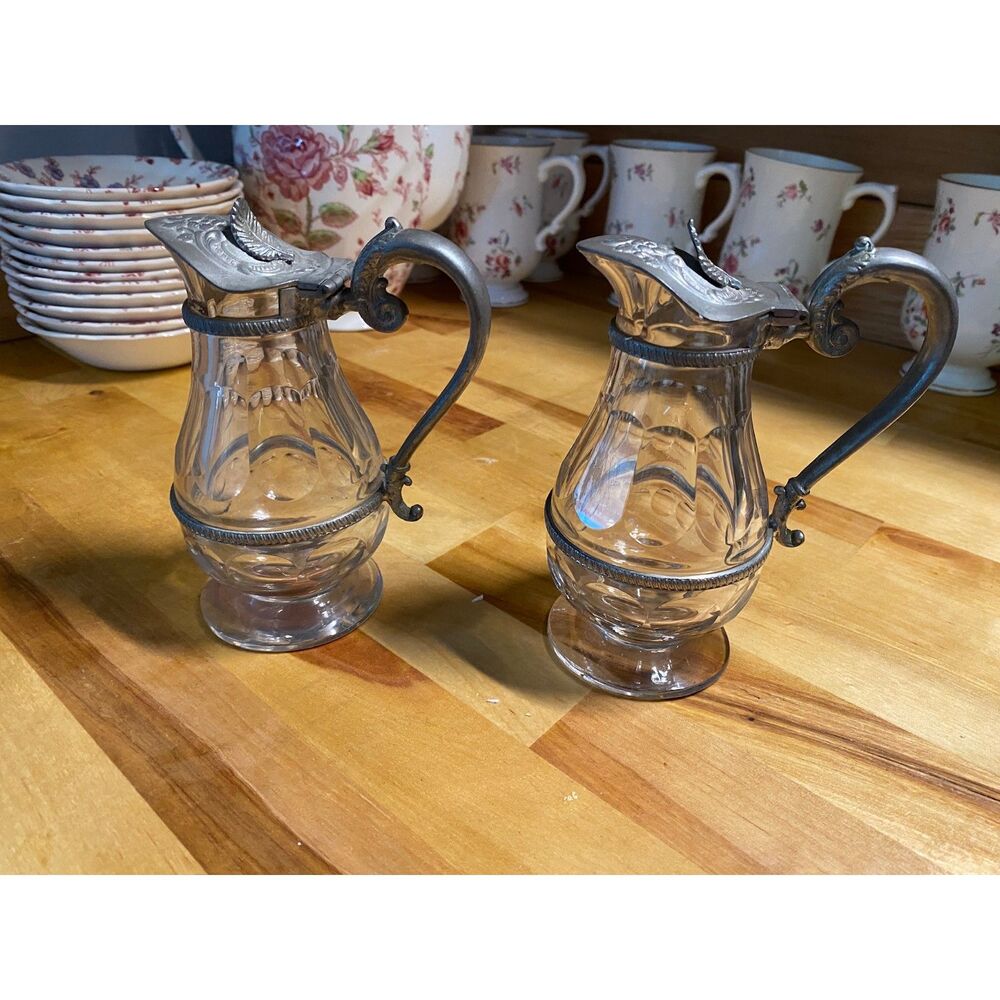 Turn of the Century English Art Nouveau Style Pewter Glass Jugs Pair - Picture 2 of 12
